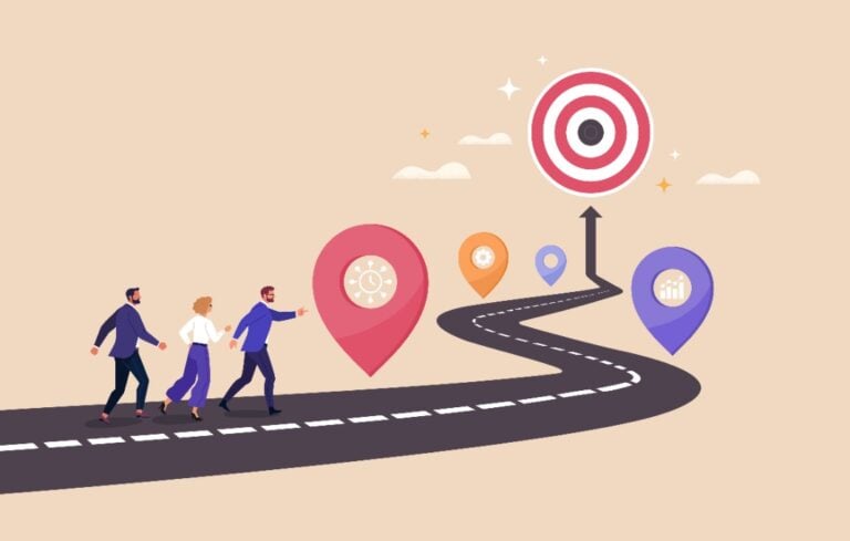 Vector cartoon illustration of a group of people in business suits walking along a road with different tasks towards a final goal at the end.